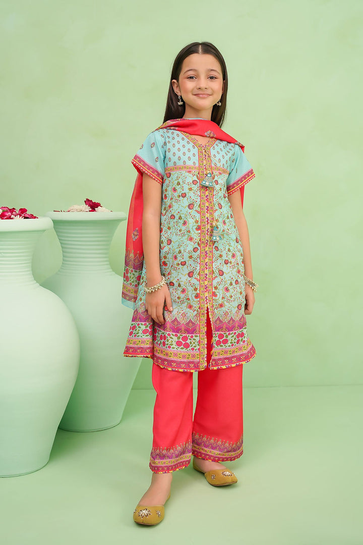 Poly Lawn Digital Printed Blue Stitched Suit - Ochre