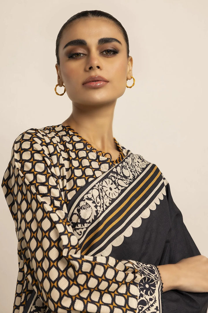 Printed Khaddar Black & Off White Unstitched Suit - Khaadi