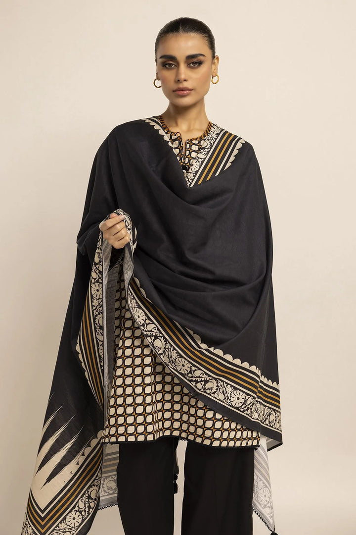 Printed Khaddar Black & Off White Unstitched Suit - Khaadi