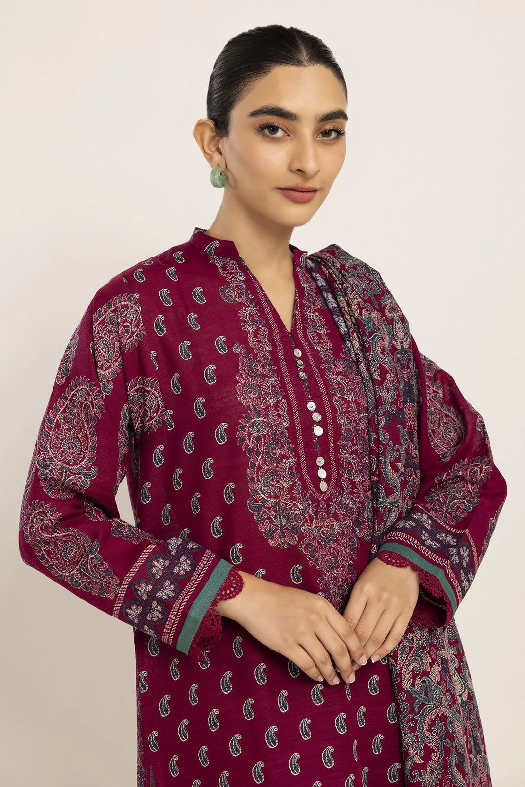 Printed Khaddar Deep Maroon Unstitched Suit - Khaadi