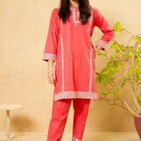 Cotton Embroidered Pink Stitched Suit - Ochre