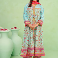 Poly Lawn Digital Printed Blue Stitched Suit - Ochre