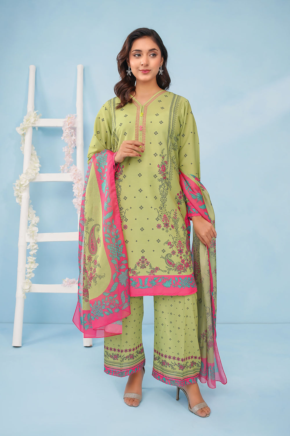 Poly Lawn Digital Printed Lime Green Stitched Suit - Ochre