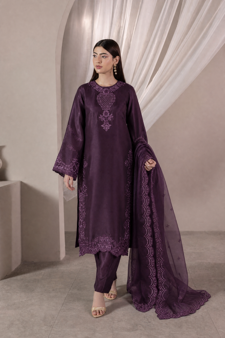Sheesha Silk Plum Stitched Suit - Khas