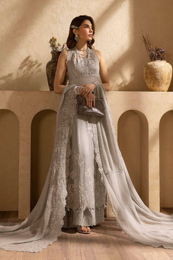 Embroidered Chiffon Grey Stitched Suit - Gul Ahmed