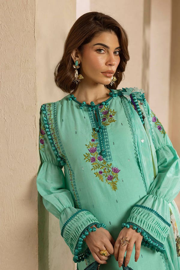 Sequins Embroidered Lawn Sea Green Stitched Suit - Gul Ahmed