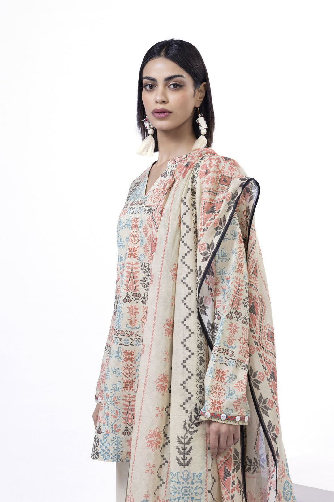 Lawn Beige Unstitched Suit - Khaadi