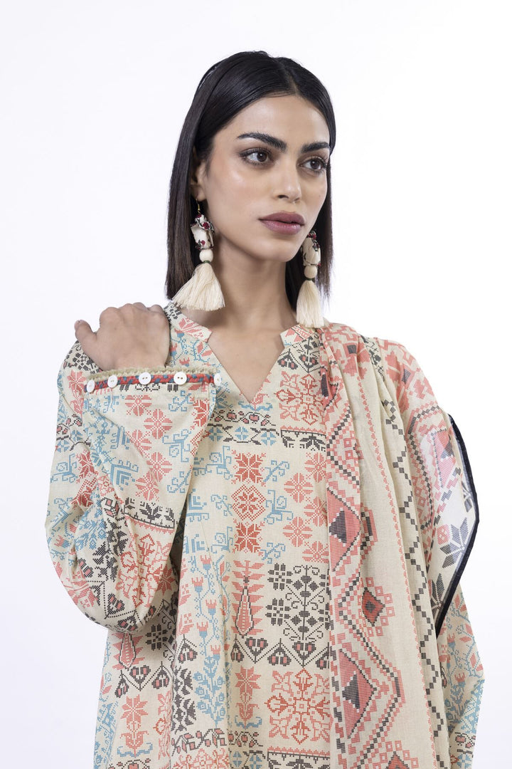 Lawn Beige Unstitched Suit - Khaadi