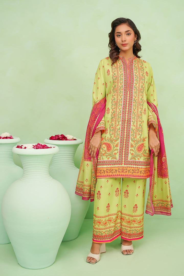 Poly Lawn Digital Printed Lime Green Stitched Suit - Ochre