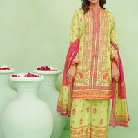 Poly Lawn Digital Printed Lime Green Stitched Suit - Ochre