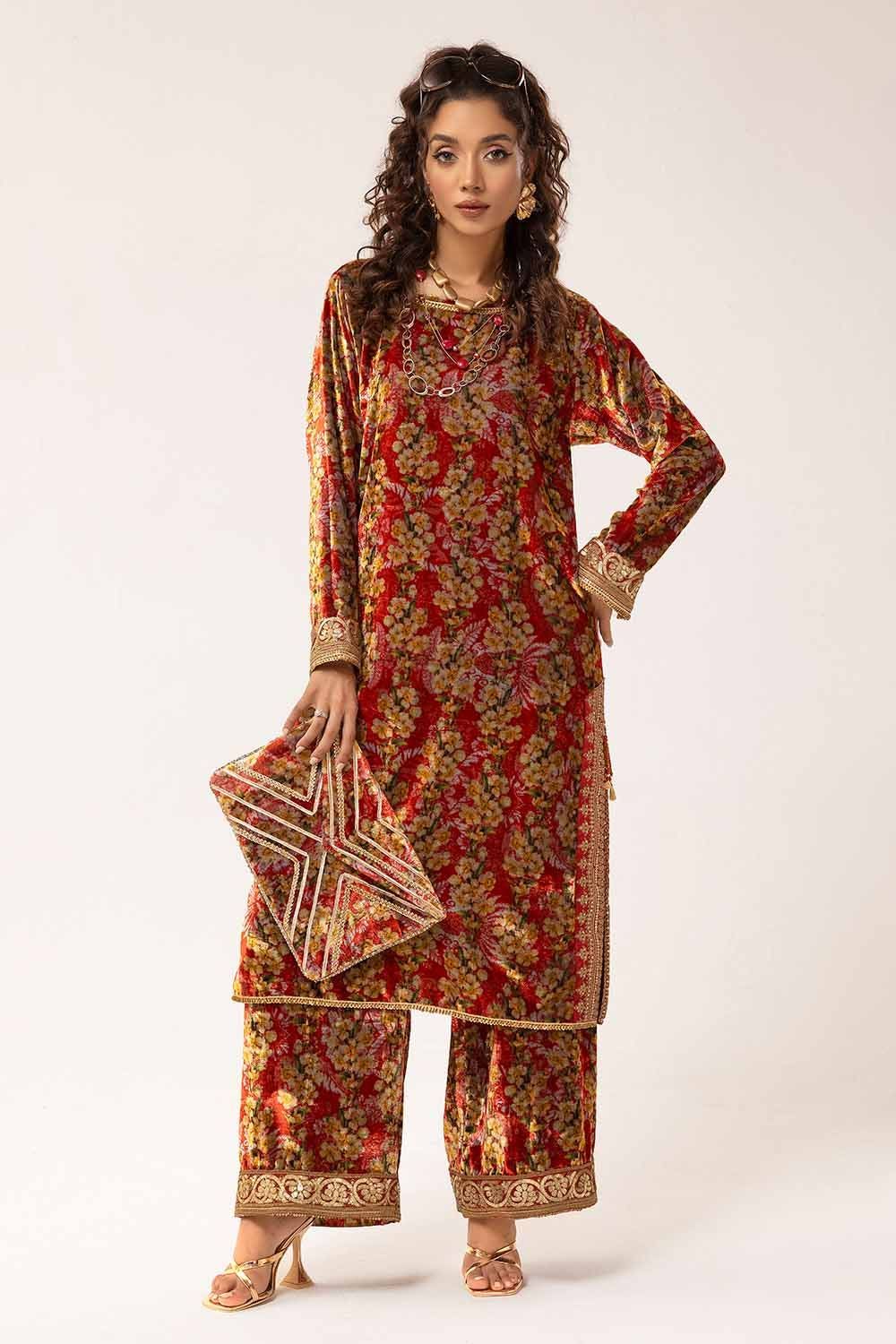 Printed Velvet Red Unstitched Suit - Gul Ahmed