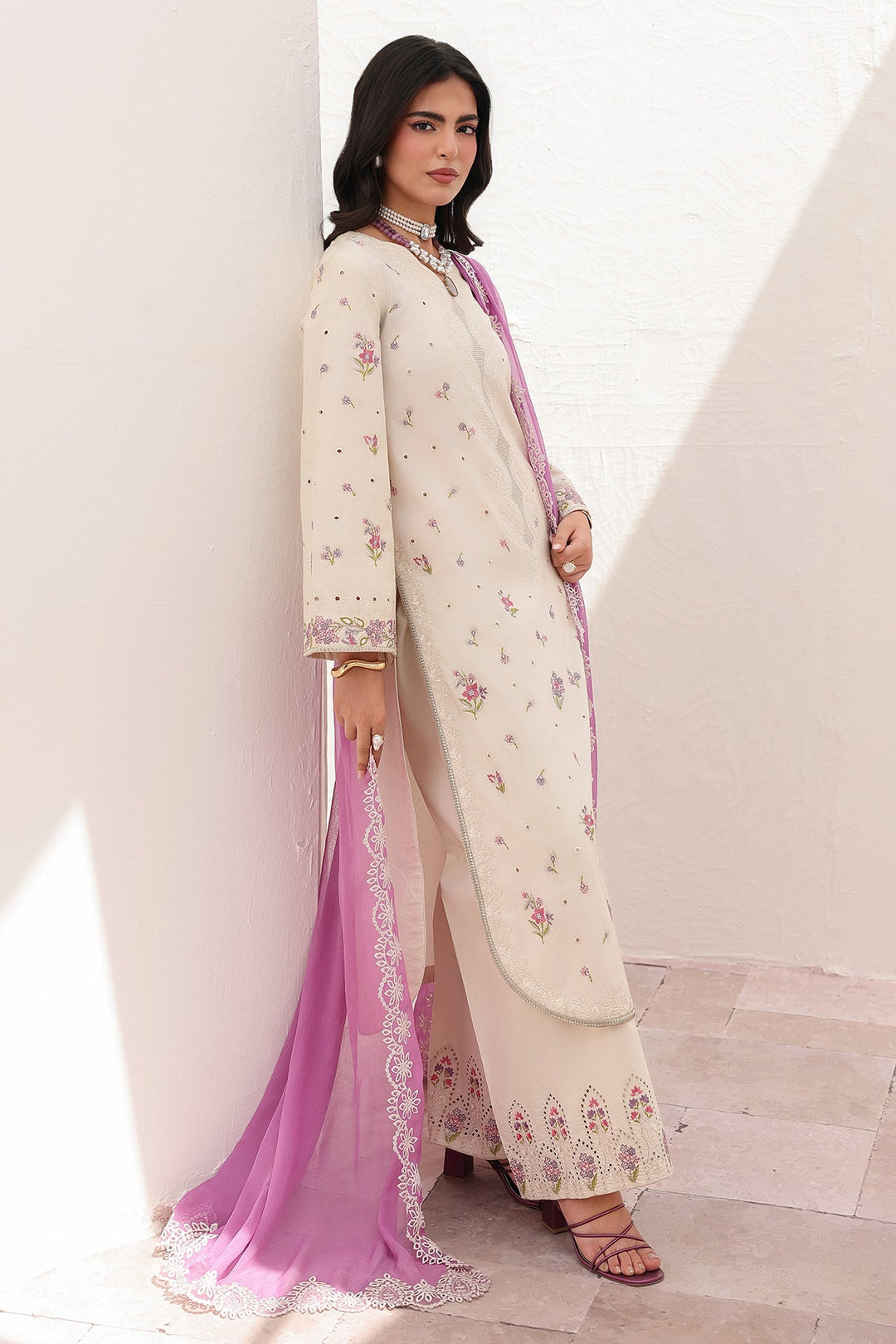 Embroidered Lawn Off White Stitched Suit - Charizma