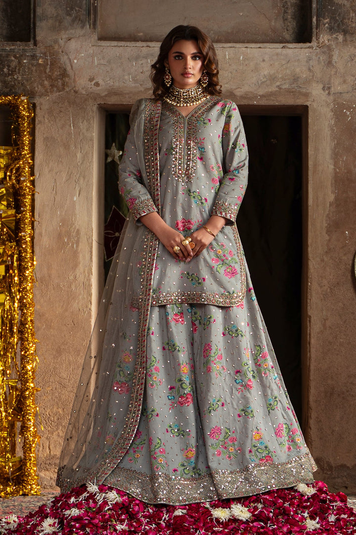 Embroidered Silk Grey Stitched Suit - Charizma