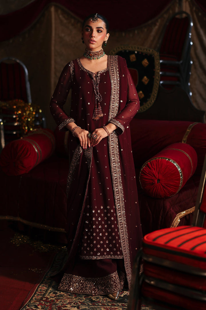 Embroidered Chiffon Maroon Stitched Suit - Charizma