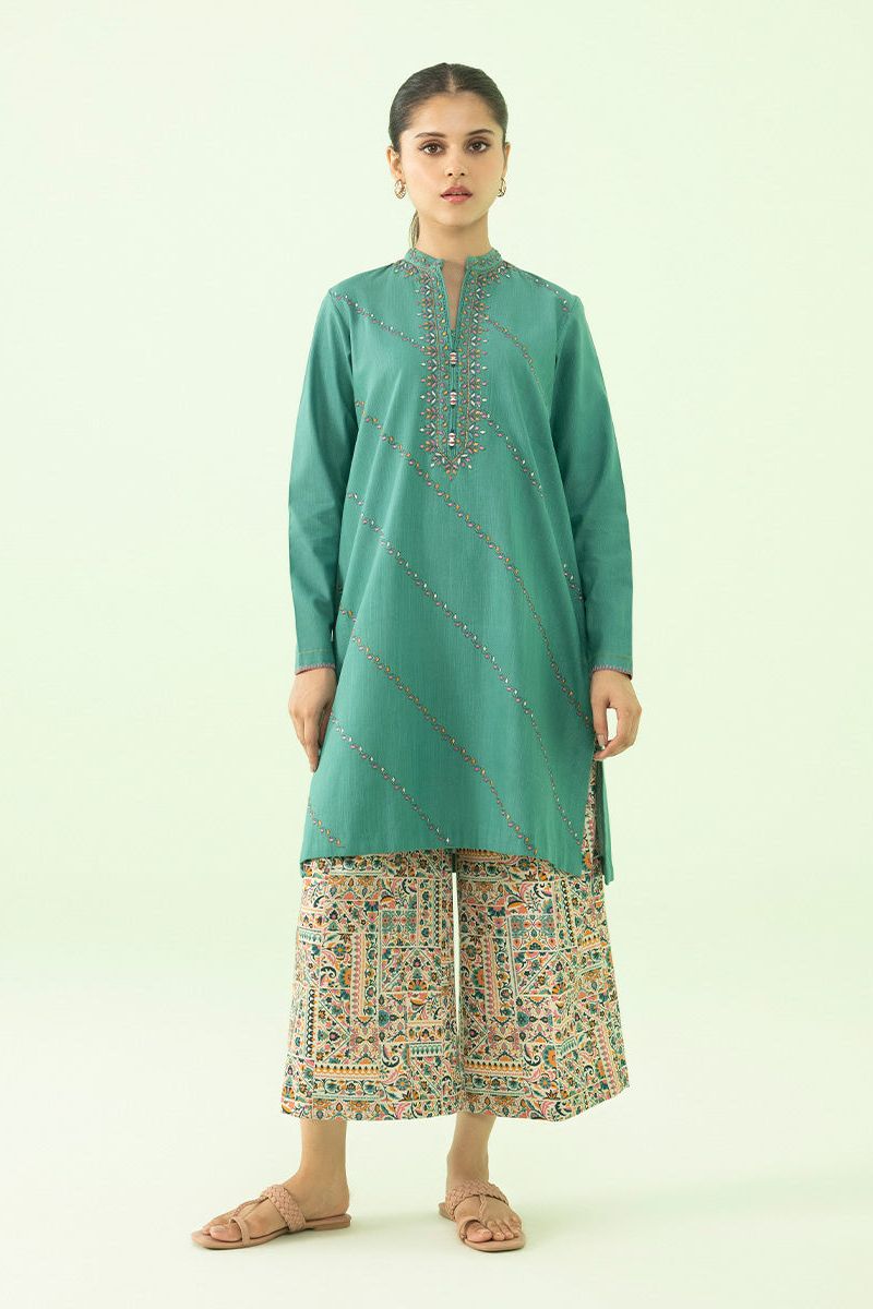 Embroidered Khaddar Sea Green 2 Piece Suit - Sapphire