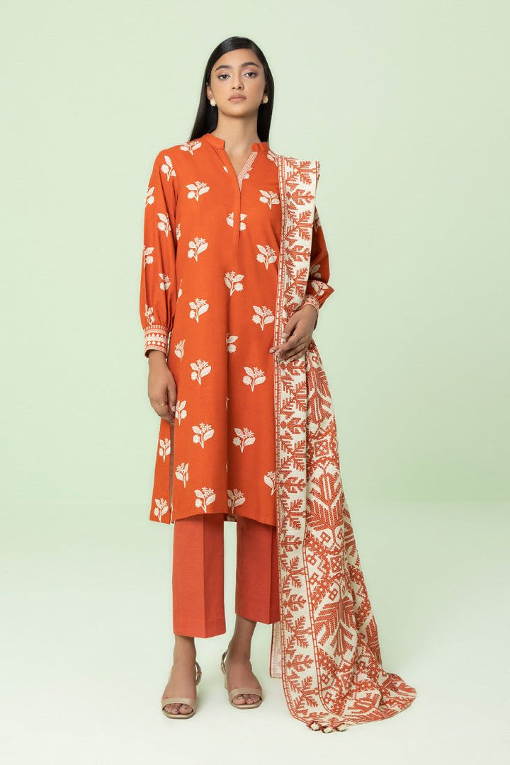 Printed Khaddar Saffron 3 Piece Suit - Sapphire