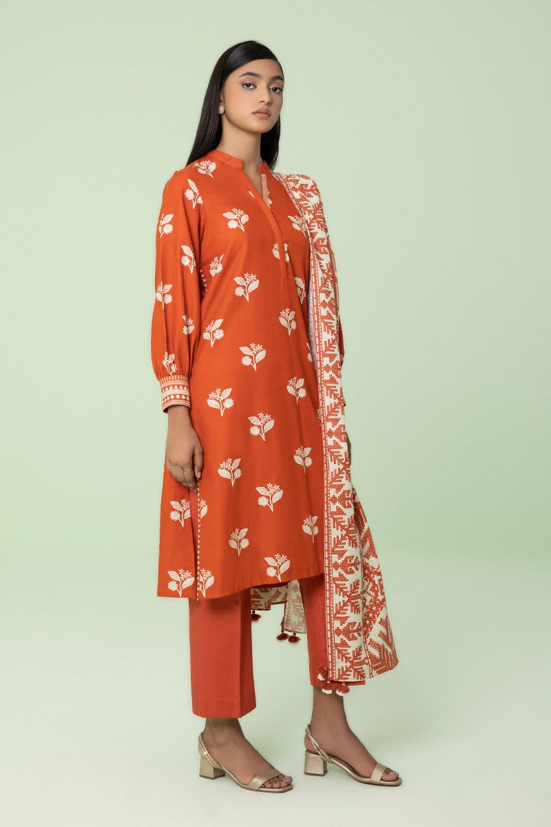 Printed Khaddar Saffron 3 Piece Suit - Sapphire