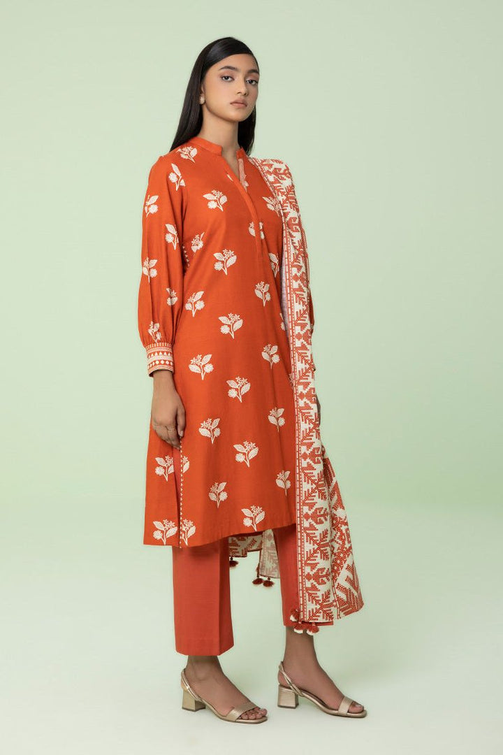 Printed Khaddar Saffron 3 Piece Suit - Sapphire