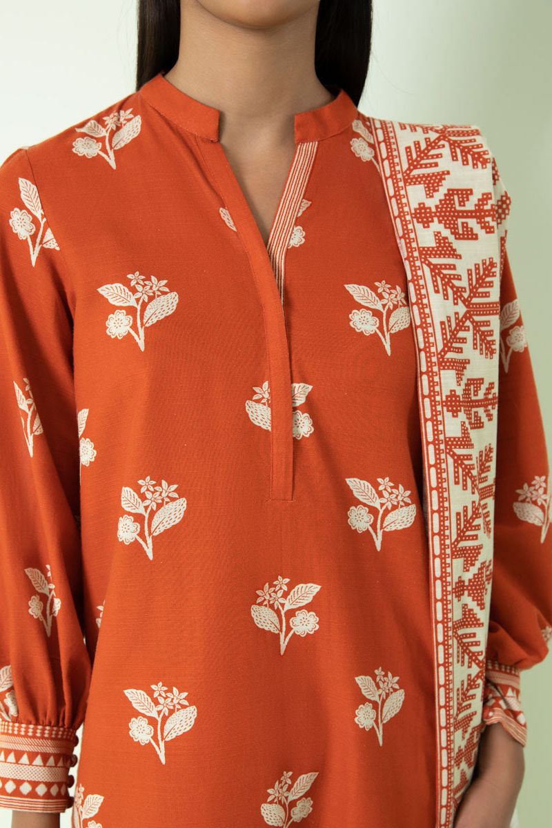Printed Khaddar Saffron 3 Piece Suit - Sapphire