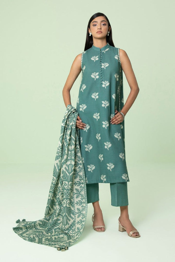 Printed Khaddar Sea Green 3 Piece Suit - Sapphire