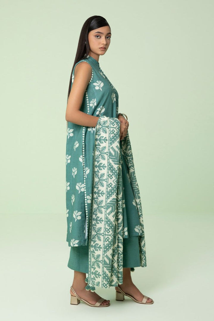 Printed Khaddar Sea Green 3 Piece Suit - Sapphire