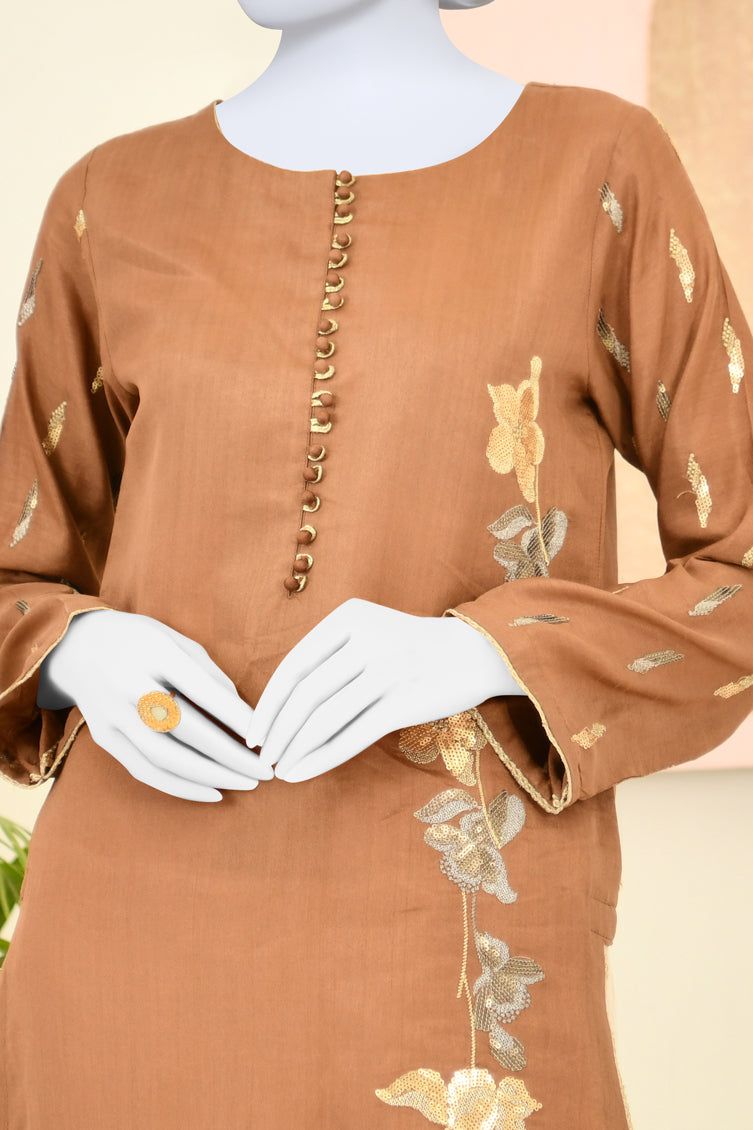 Cotton Light Brown Kurti - J. Junaid Jamshed