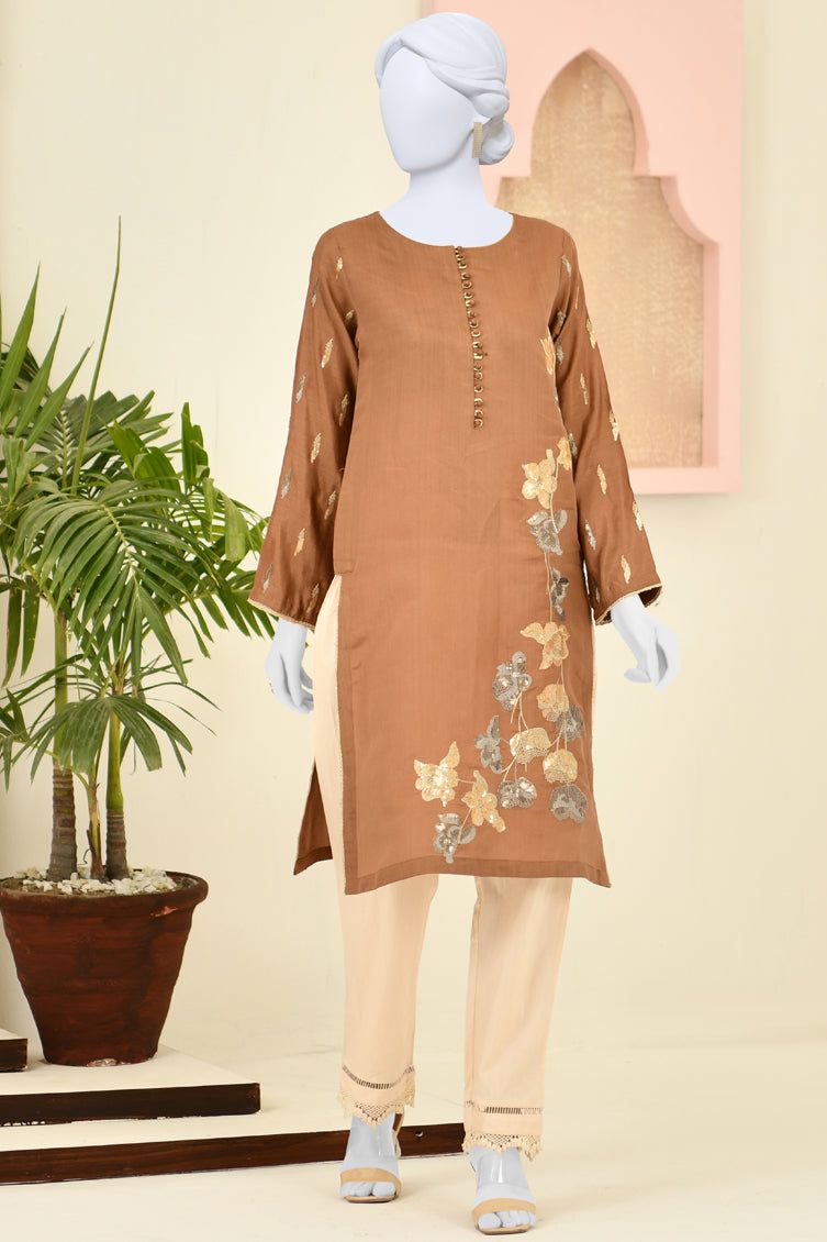 Cotton Light Brown Kurti - J. Junaid Jamshed