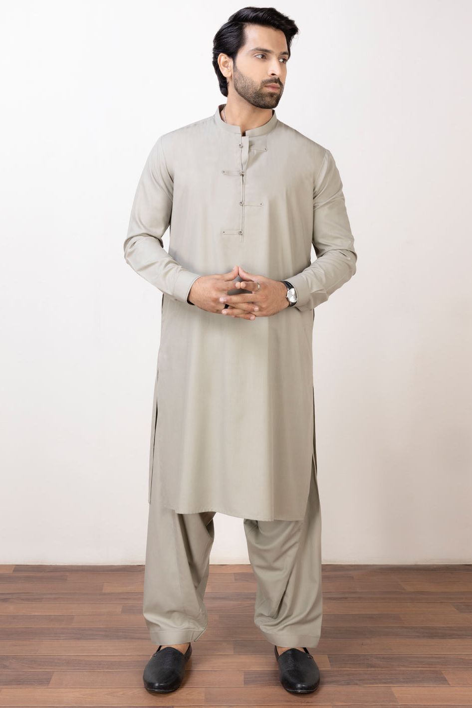 Polyester Viscose Khaki Grey Kameez Shalwar - Almirah