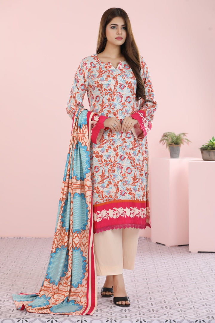 Pink 3 Piece Printed Cotail Viscose Suit - Alkaram