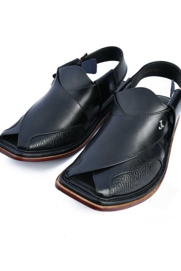 Plain Black Peshawari Chappal - J. Junaid Jamshed